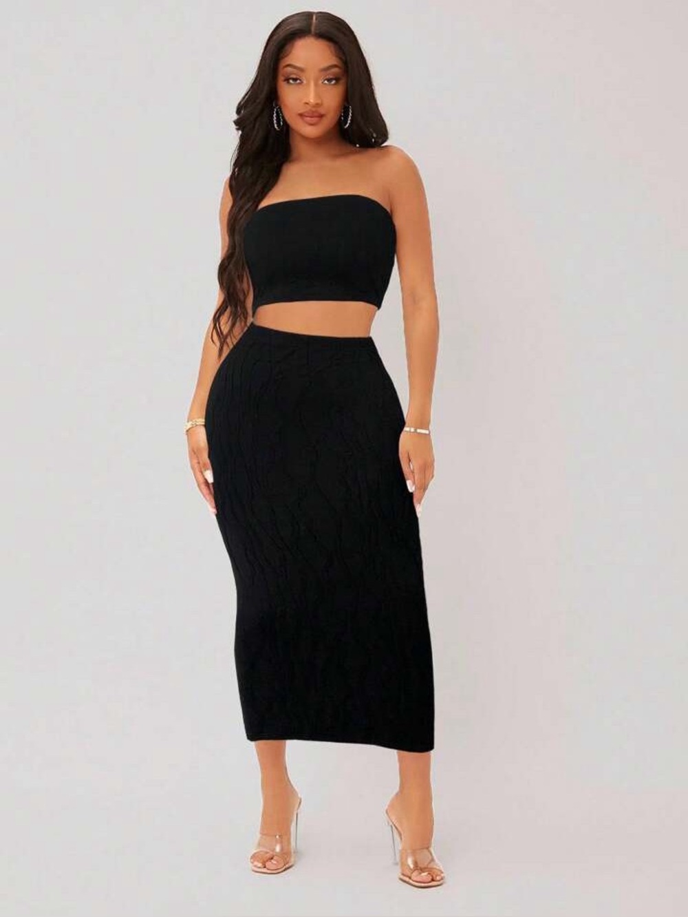 SHEIN Textured Crop Tube Top & Pencil Skirt Set 🖤